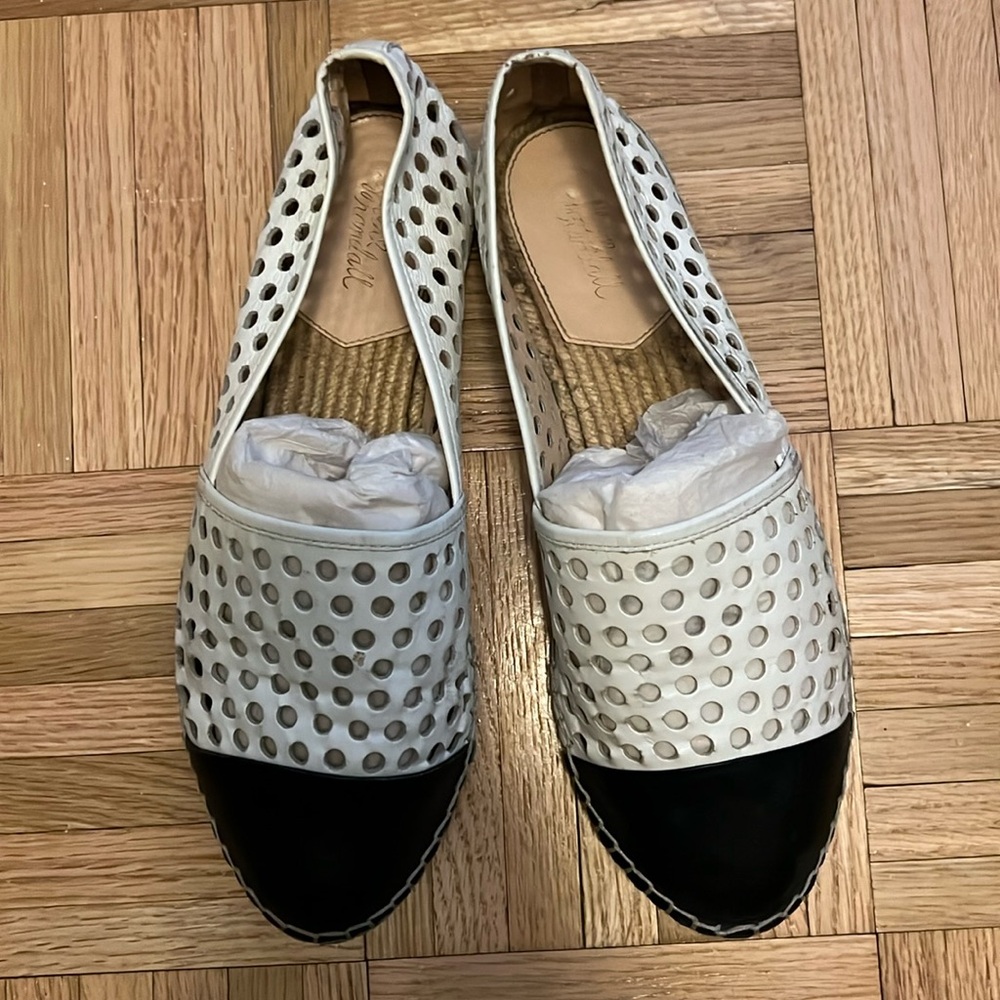 Loeffler Randall white & black perforated cap-toe flat espadrilles. Size 7.5